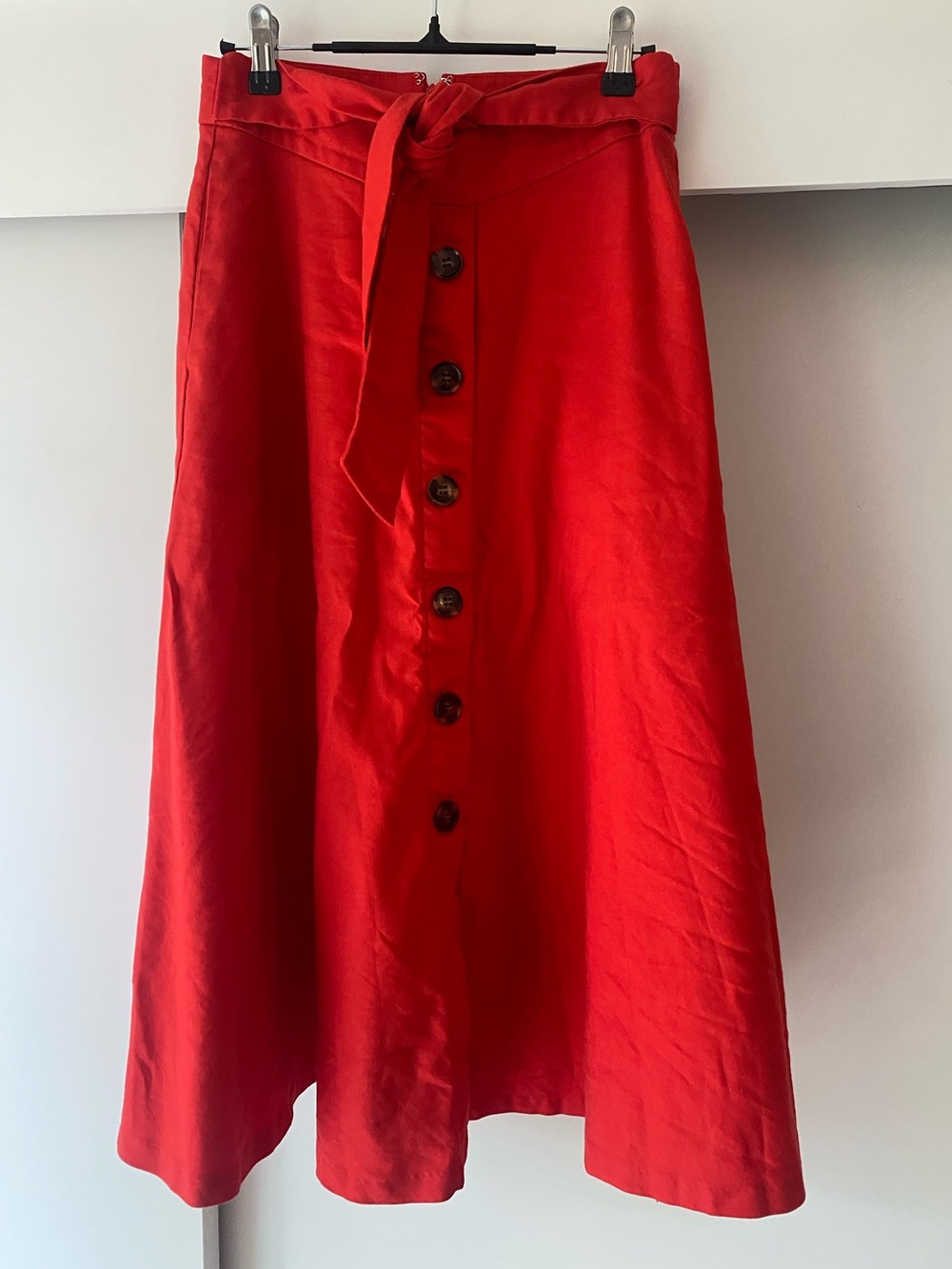 Ann Taylor Vibrant Red A-Line Button-Front Skirt with Tie Waist